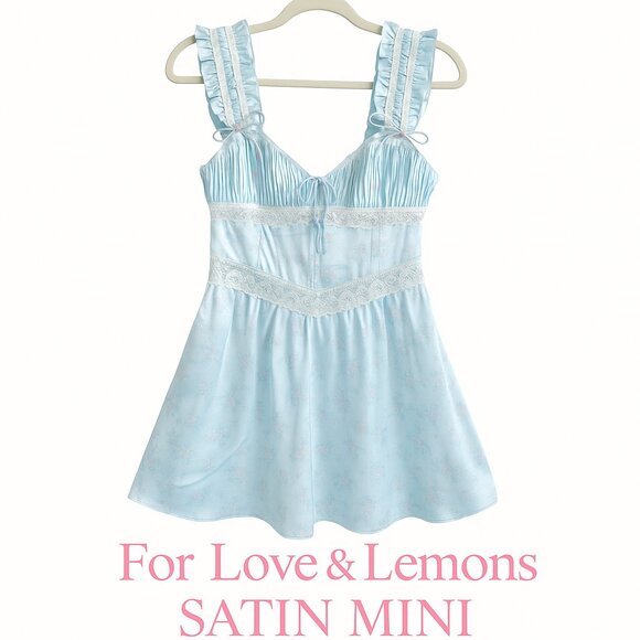 For Love & Lemons Ellery Slip Dress Blue Floral Satin S Romantic Mini - Picture 1 of 10